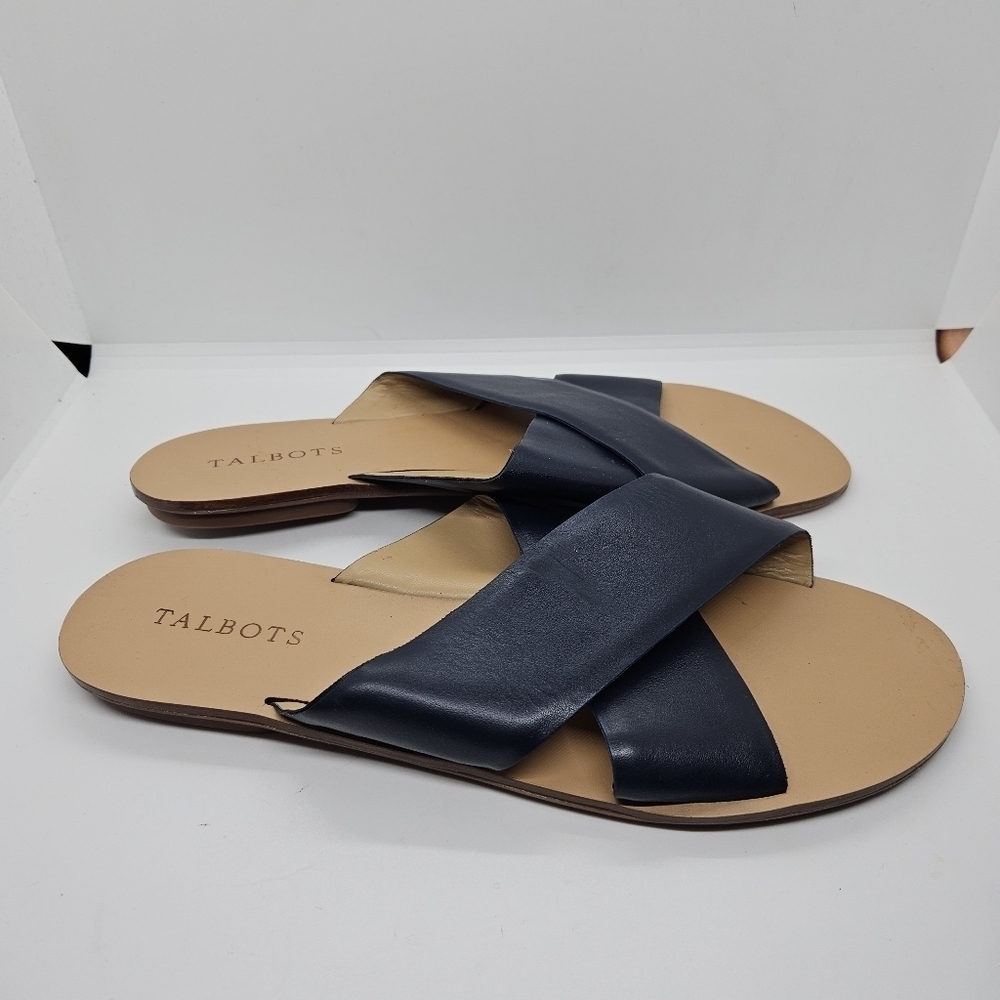 Talbots navy leather cross-strap slide sandals size 10M